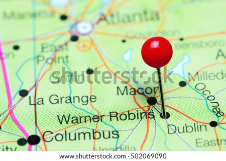 Warner Robins pinned on a map of Georgia, USA

