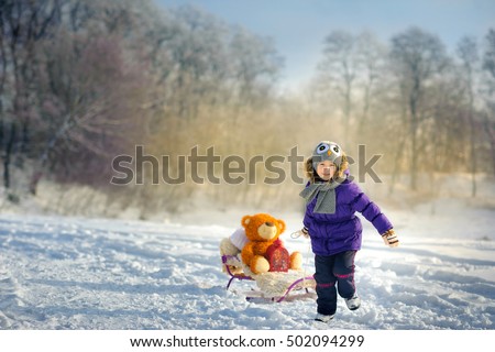 the girl in the snow wood conducts the sledge with a teddy bear, everything is covered mnegy around