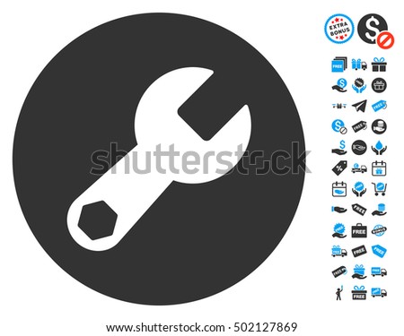 Wrench icon with free bonus clip art. Vector illustration style is flat iconic symbols, blue and gray colors, white background.