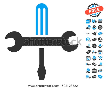 Tools pictograph with free bonus pictograms. Vector illustration style is flat iconic symbols, blue and gray colors, white background.