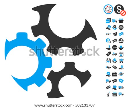 Mechanics Gears icon with free bonus symbols. Vector illustration style is flat iconic symbols, blue and gray colors, white background.