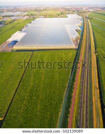 Aerial view of greenhouse in fields Netherlands