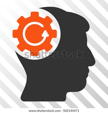 Orange And Gray Intellect Gear Rotation interface toolbar pictogram. Vector pictogram style is a flat bicolor symbol on diagonal hatch transparent background.