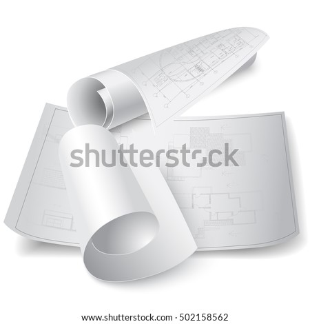 Architectural background with rolls of drawings. Vector clip-art