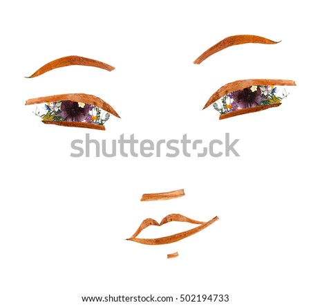Application, face made of dried pressing multicolor Columbine flowers, long stiff brown iris. Small yellow butterfly in orange hair from elm and red transparent leaves