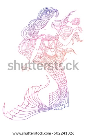 Hand drawn mermaid holding a flower, on white background, linen vector illustration.
