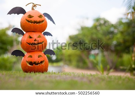 Ghost pumpkins on Halloween,Devil Bat Halloween pumpkin in the grass