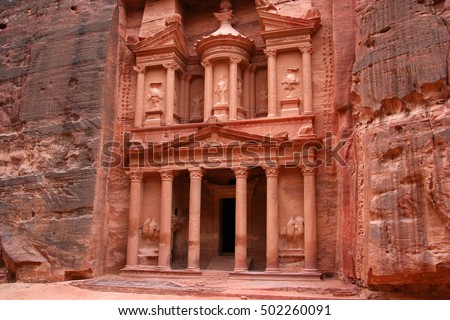 The Treasury at Petra in Jordan.. One of the new seven wonders of the world. Royalty-Free Stock Photo #502260091
