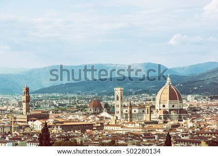 Florence is the capital city of the Italian region of Tuscany and of the province of Florence. Retro photo filter. Travel destination. Beautiful place. Royalty-Free Stock Photo #502280134