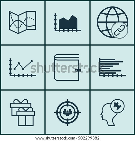 Set Of 9 Universal Editable Icons. Can Be Used For Web, Mobile And App Design. Includes Icons Such As Road Map, Bars Chart, Present And More.
