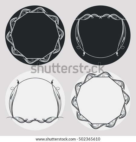 Set of silhouette round frames. Design element for logo, banners, labels, prints, posters, web, presentation, invitations, weddings, greeting cards, albums. Raster clip art.