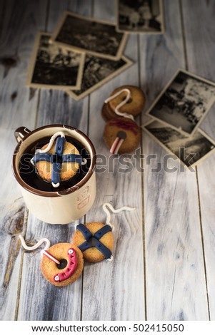 cookies decorated as navy lifebuoys. Vintage picture with old photographs