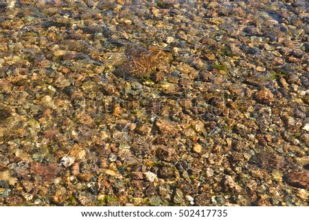 The background of the river bottom. Abstraction of pebbles under water.