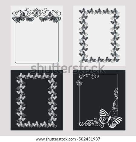 Set of silhouette vertical frames. Design element for banners, labels, prints, posters, web, presentation, invitations, weddings, greeting cards, albums. Raster clip art.