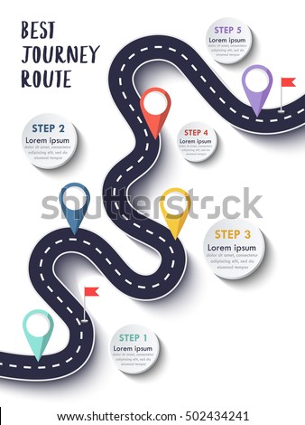 Best Journey Route. Road trip. Business and Journey Infographic Design Template with flags and place for your data. Winding road on a colorful background. Stylish streamers. Vector EPS 10 Royalty-Free Stock Photo #502434241