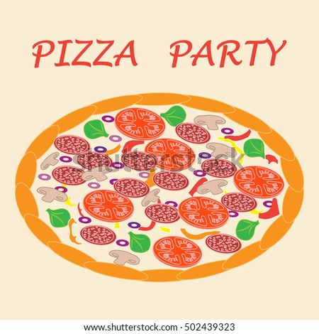 Picture with appetizing pizza with inscriptions pizza party.