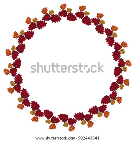 Round frame with decorative cones. Vector clip art.