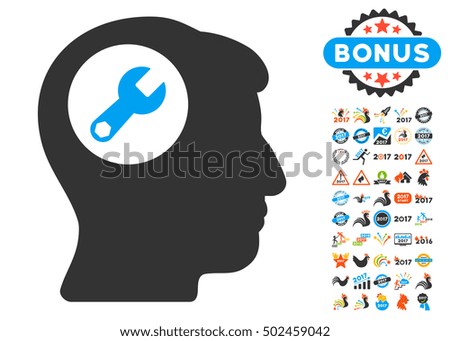 Head Wrench pictograph with bonus 2017 new year symbols. Vector illustration style is flat iconic,modern colors, rounded edges.