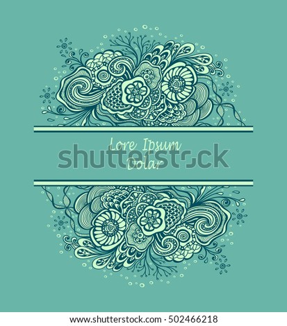 Template frame with unique Doodle elements in vintage handmade style in marine blue colors for advertising cosmetic perfume or for package