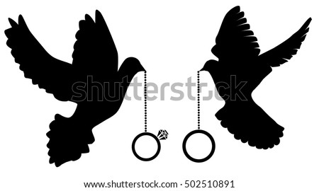 vector illustration of doves silhouettes with wedding rings