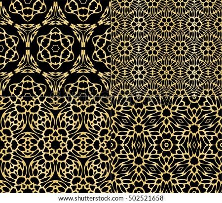 Seamless floral pattern. gold color, vector graphic illustration. Ethnic arabic indian ornament. For wallpaper, brochure, web page background. set of 4 pattern
