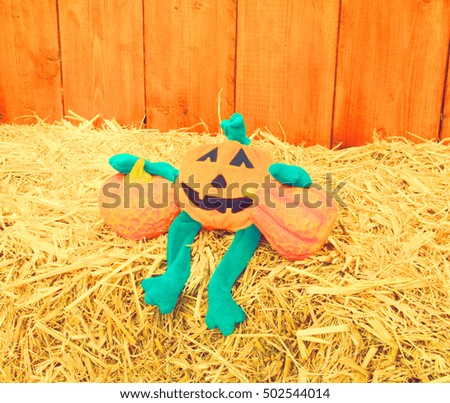 Halloween pumpkin doll on a bale of hay 