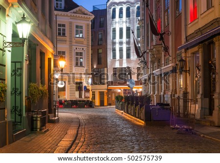 Night in center of old Riga - the capital of Latvia and famous Baltic city widely known due to its unique medieval and Gothic architecture