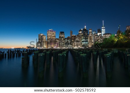 Manhattan downtown night view from Brooklyn