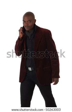 Young black African businessman in semi-formal clothes on a white background in various poses and with various facial expressions. Not Isolated, Part of a series.