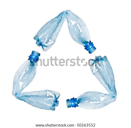 three blue plastic water bottles bent and put together to make up recycle symbol. Objects isolated on white wit, no shadow