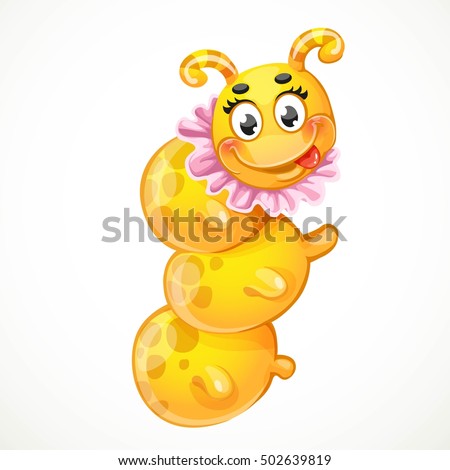 Yellow caterpillar in pink collar children's toy isolated on white background