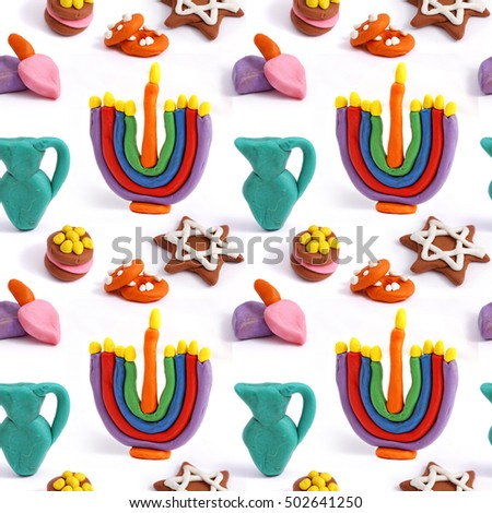 Hanukkah seamless handmade plasticine pattern. Modeling clay colorful texture. Isolated on white background.