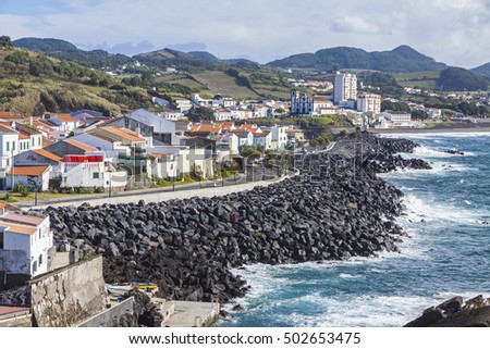 View on Ponta Delgada city and Atlantic ocean coast on Sao Miguel island, Azores, Portugal