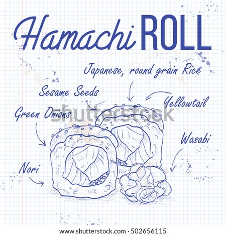 Vector sushi sketch, Hamachi roll