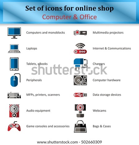 Set of icons of various computer equipment for sections of online stores. Colored symbols. Vector Illustration