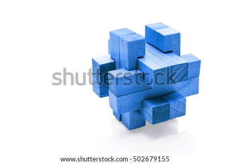 Blue wooden Brain Teaser on White Background 