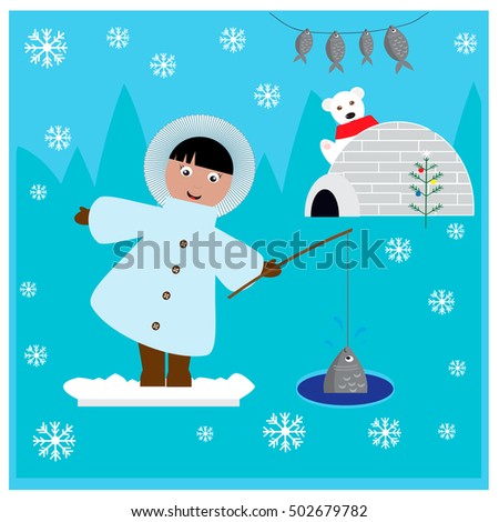 Illustration with cute girl and funny bear in North Pole