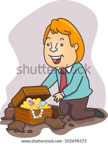 Illustration of an Excited Businessman Stumbling Upon a Treasure Chest Filled with Gold Coins and Jewels