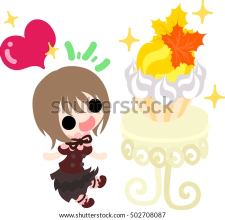 The cute illustration of autumn and girl -A maple cake-
