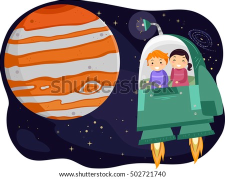 Stickman Illustration of Preschool Kids Observing the Planet Jupiter from a Space Capsule