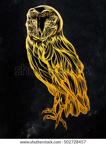 Barn owl. Detailed gold drawing of a bird. handmade.Vector illustration isolated on  black background