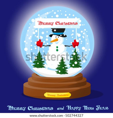 Cute glass Snow Globe with snowflakes, christmas tree and funny Snowman. Merry Christmas and Happy New Year souvenir. Cartoon style. Concept poster, banner, flyer or greeting card. Vector illustration