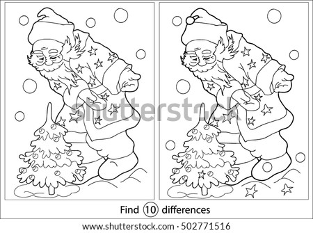 Find differences, education game for children. Winter theme. Coloring, black and white, vector illustration.
