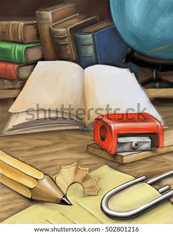 background, science books, paper clip, pencil, sharpener, notebook, ruler, globe