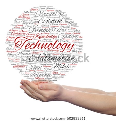 Concept or conceptual digital smart technology, media word cloud in hand isolated on background metaphor to information, innovation, internet, future, development, research, evolution or intelligence