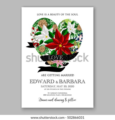 Poinsettia Wedding Invitation sample card beautiful winter floral ornament Christmas Party wreath poinsettia, pine branch fir tree, needle, mason jar bouquet Bridal shower ribbon template wording