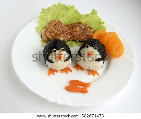 Penguins are made of rice. Creative food for good mood and appetite