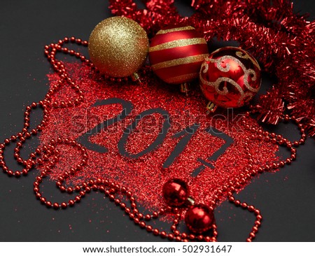 New Year's decor. The concept of the New Year holiday. Christmas decor. Glitter, sequins, beads, garland, balls. 2017.