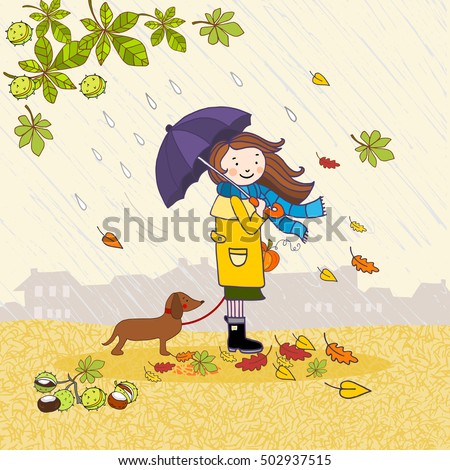 Girl in the rain with an umbrella and a dog, autumn hand drawn illustration