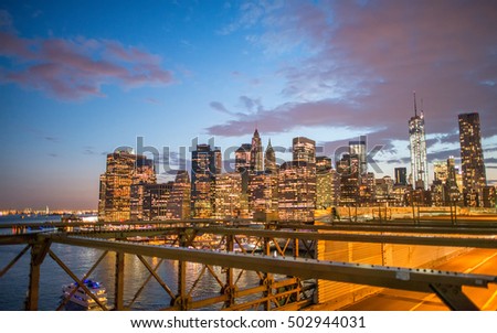 New York as seen from Brooklyn Bridge at summer night.